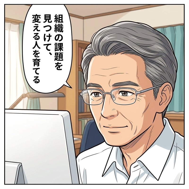 自宅の書斎で組織キャリア開発士を知るコウイチ（コマ2）