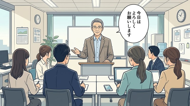 研修室で教える側に立つコウイチ（コマ1）